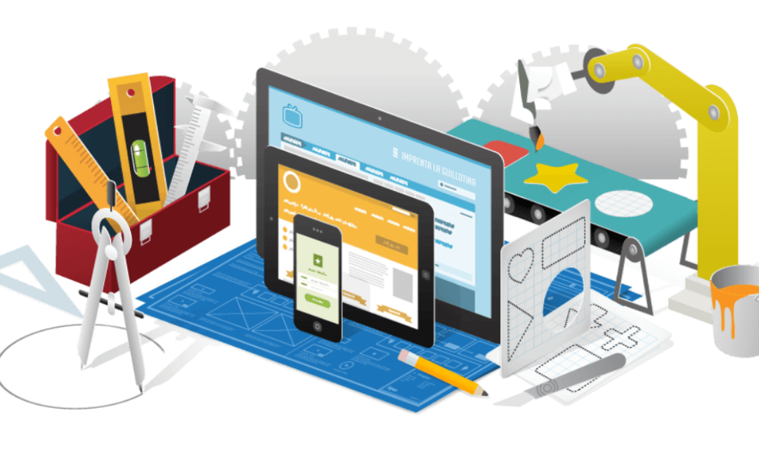 A visual representation of a broken website with various design issues, followed by a repaired version showcasing a well-designed website.