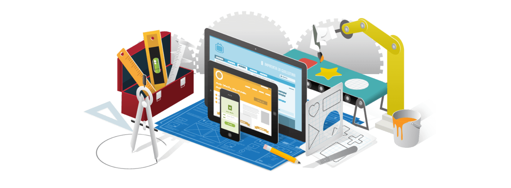 A visual representation of a broken website with various design issues, followed by a repaired version showcasing a well-designed website.